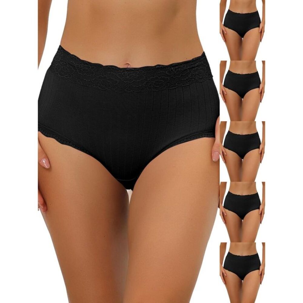 Women's High-Waist Tummy Control Lace Trim Ribbed Briefs 6pk - Black L